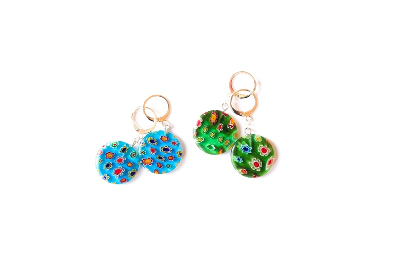 green or blue Earrings with large disc shaped millefiori beads