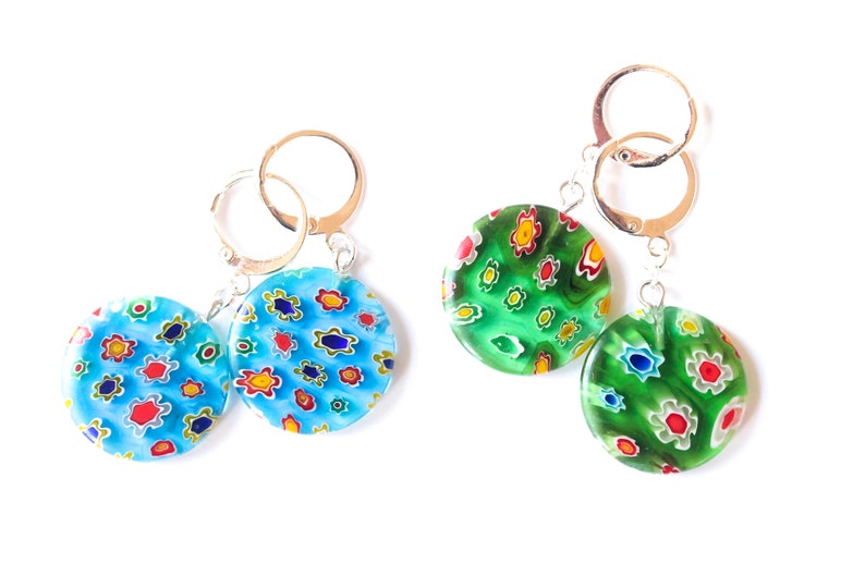 green or blue Earrings with large disc shaped millefiori beads