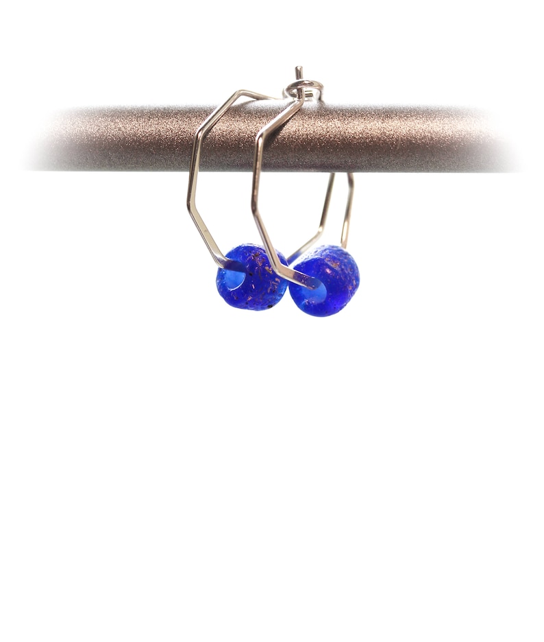 Earrings with small dark blue sea glass beads