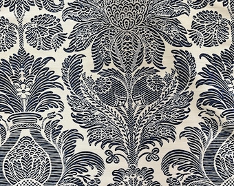 Linen Fabric Indigo Blue Damask "Lorenzo" by Bennison Textiles - 2 yards