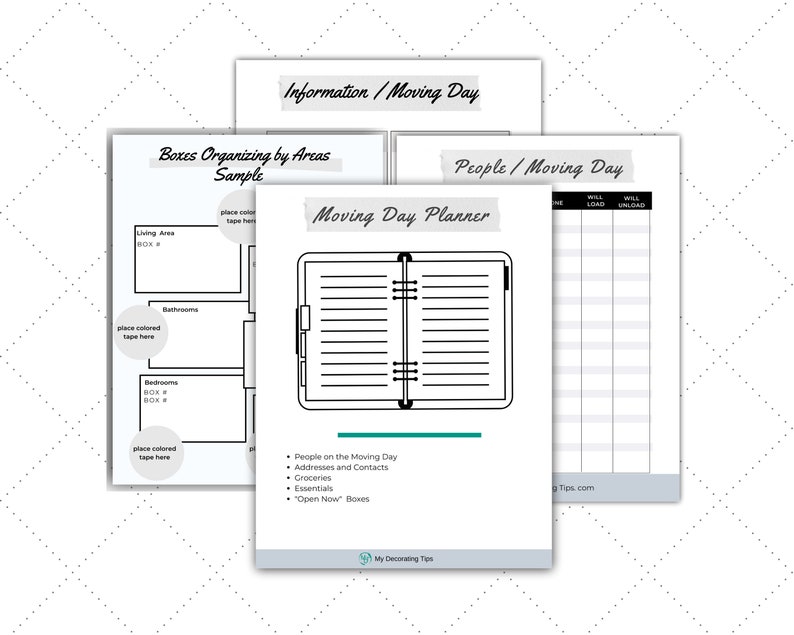 May include: A collection of white paper printables for moving day planning. The printables include a moving day planner, a box organizing guide, and a people/moving day checklist. Text includes "Moving Day Planner" and "Boxes Organizing by Areas Sample".