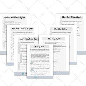 May include: A collection of white paper checklists with headings like "Eight-Nine Weeks Before" and "Moving Tips." The pages have a light blue border and are arranged in a layered, slightly angled composition.