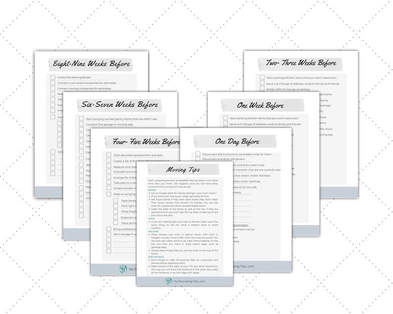 May include: A collection of white paper checklists with headings like "Eight-Nine Weeks Before" and "Moving Tips." The pages have a light blue border and are arranged in a layered, slightly angled composition.