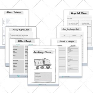 May include: A collection of printable planner pages for moving and garage sales. The pages include "Movers' Estimate," "Packing Supplies List," "Utilities to Transfer," "Garage Sale Planner," "Items for Garage Sale," "Schools to Transfer," and "Our Moving Planner."