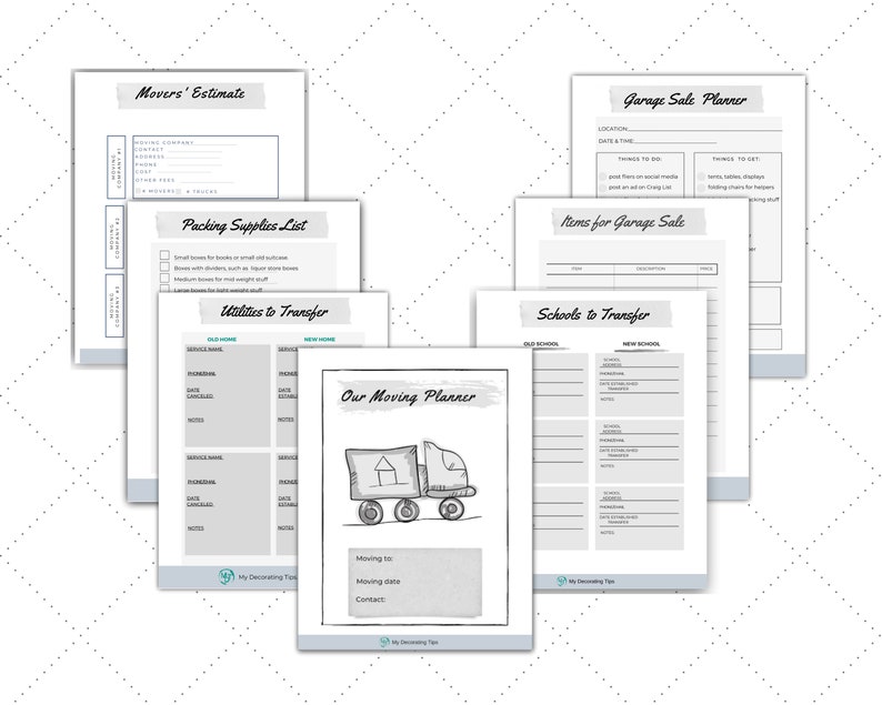 May include: A collection of printable planner pages for moving and garage sales. The pages include "Movers' Estimate," "Packing Supplies List," "Utilities to Transfer," "Garage Sale Planner," "Items for Garage Sale," "Schools to Transfer," and "Our Moving Planner."
