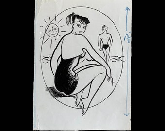 Edgar Norfield (1895 – 1977): Eine originale Vintage-Karikaturzeichnung – Paar am Strand, ca. 1950er Jahre
