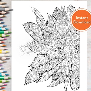 Printable Mandala Feathers DIGITAL Coloring Page | INSTANT DOWNLOAD