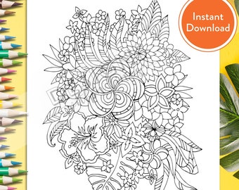 Printable Tropical Flowers DIGITAL Coloring Page | INSTANT DOWNLOAD