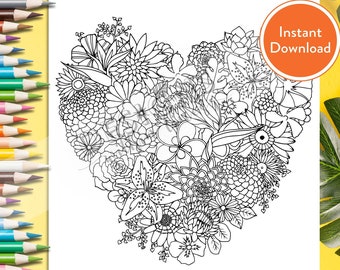 Printable Tropical Floral Heart DIGITAL Coloring Page | INSTANT DOWNLOAD