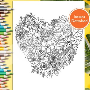 Printable Tropical Floral Heart DIGITAL Coloring Page | INSTANT DOWNLOAD