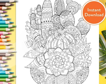 Printable Cactus Mandala DIGITAL Coloring Page | INSTANT DOWNLOAD