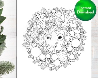 Holiday Dog Wreath DIGITAL Coloring Page | INSTANT DOWNLOAD