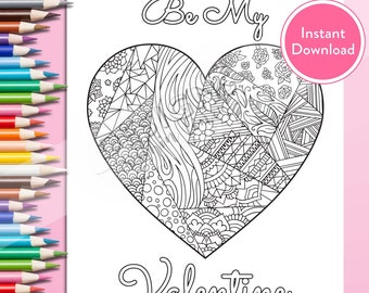 Printable Be My Valentine Heart DIGITAL Coloring Page | INSTANT DOWNLOAD