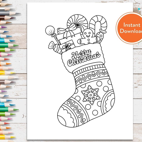 Christmas Stocking Coloring Page for Adults and Kids | INSTANT DOWNLOAD