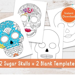 Printable Sugar Skulls Halloween Masks Bundle Digital Dibujo para colorear / DESCARGA INSTANTÁNEA