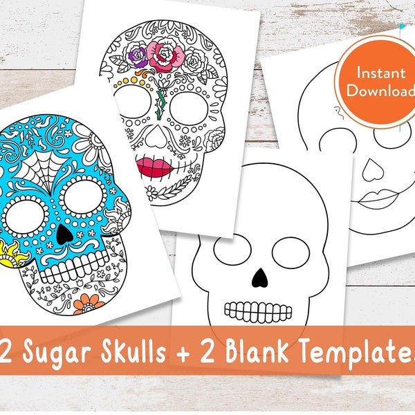 Printable Sugar Skulls Halloween Masks Bundle Digital Coloring Page | INSTANT DOWNLOAD