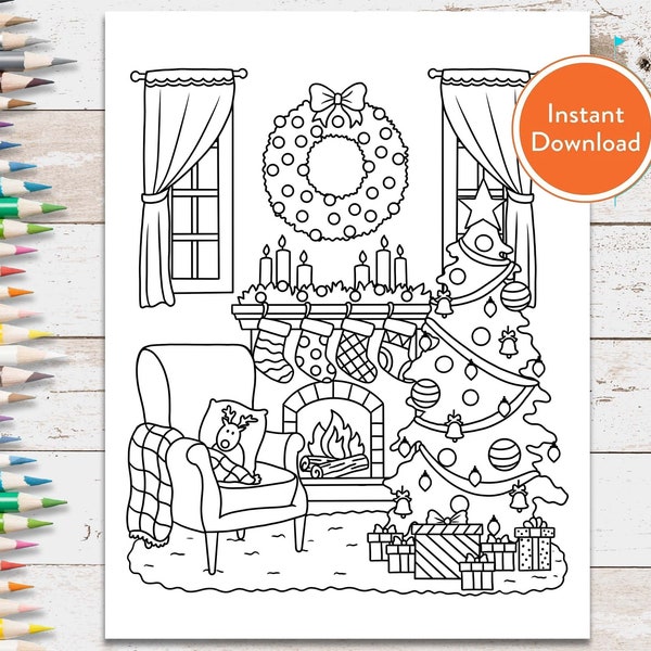 Christmas Cozy Living Room with Tree Version 2 Coloring Page | INSTANT DOWNLOAD