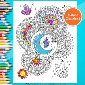 Printable Mandala & Crystal Moon DIGITAL Coloring Page | INSTANT DOWNLOAD