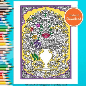 Printable Flowers & Vase Botanical Ornamental Pattern DIGITAL Coloring Page | INSTANT DOWNLOAD