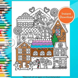 Christmas Gingerbread Village Digital Coloring Page | INSTANT DOWNLOAD | Christmas Gingerbread House Village