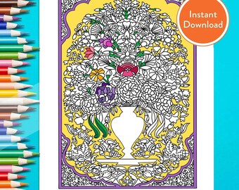 Printable Flowers & Vase Botanical Ornamental Pattern DIGITAL Coloring Page | INSTANT DOWNLOAD