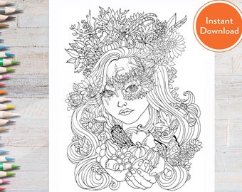 Printable Autumn Fall Girl | DIGITAL Coloring Page | INSTANT DOWNLOAD