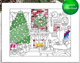 Printable Cozy Christmas Eve DIGITAL Coloring Page | INSTANT DOWNLOAD