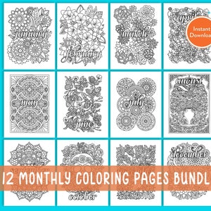 Printable 12 Monthly Coloring Pages DIGITAL Coloring Page | INSTANT DOWNLOAD