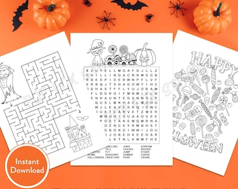 Halloween kinderactiviteitenbundel #4 | Afdrukbare digitale DOWNLOAD | Woordzoeker, doolhof en kleurplaat | Leraar kleurplaat