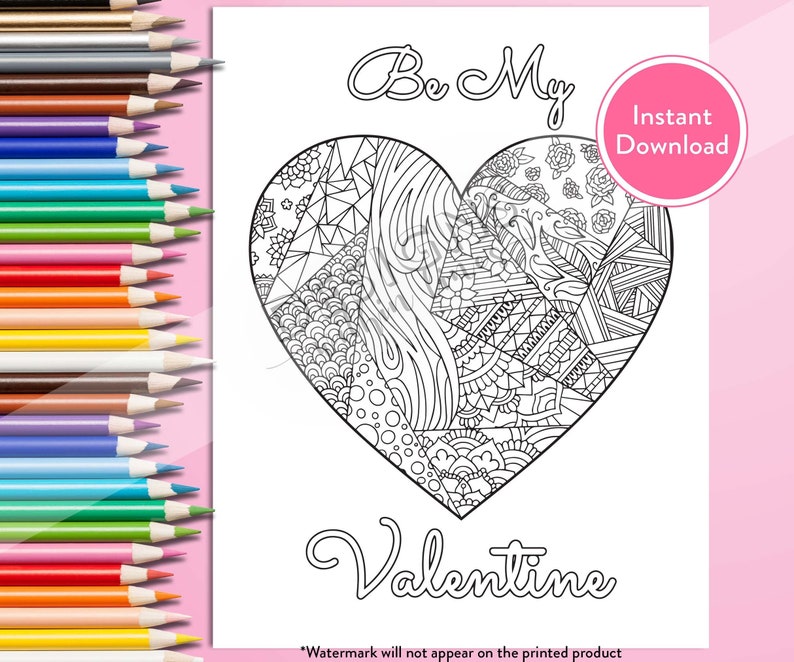 Printable Be My Valentine Heart DIGITAL Coloring Page INSTANT DOWNLOAD ...