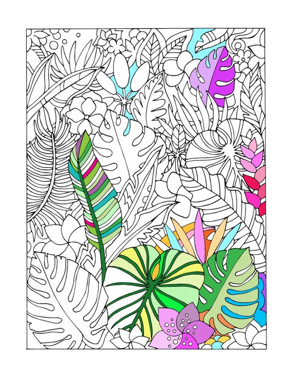Printable Tropical Leaves Coloring Page Etsy