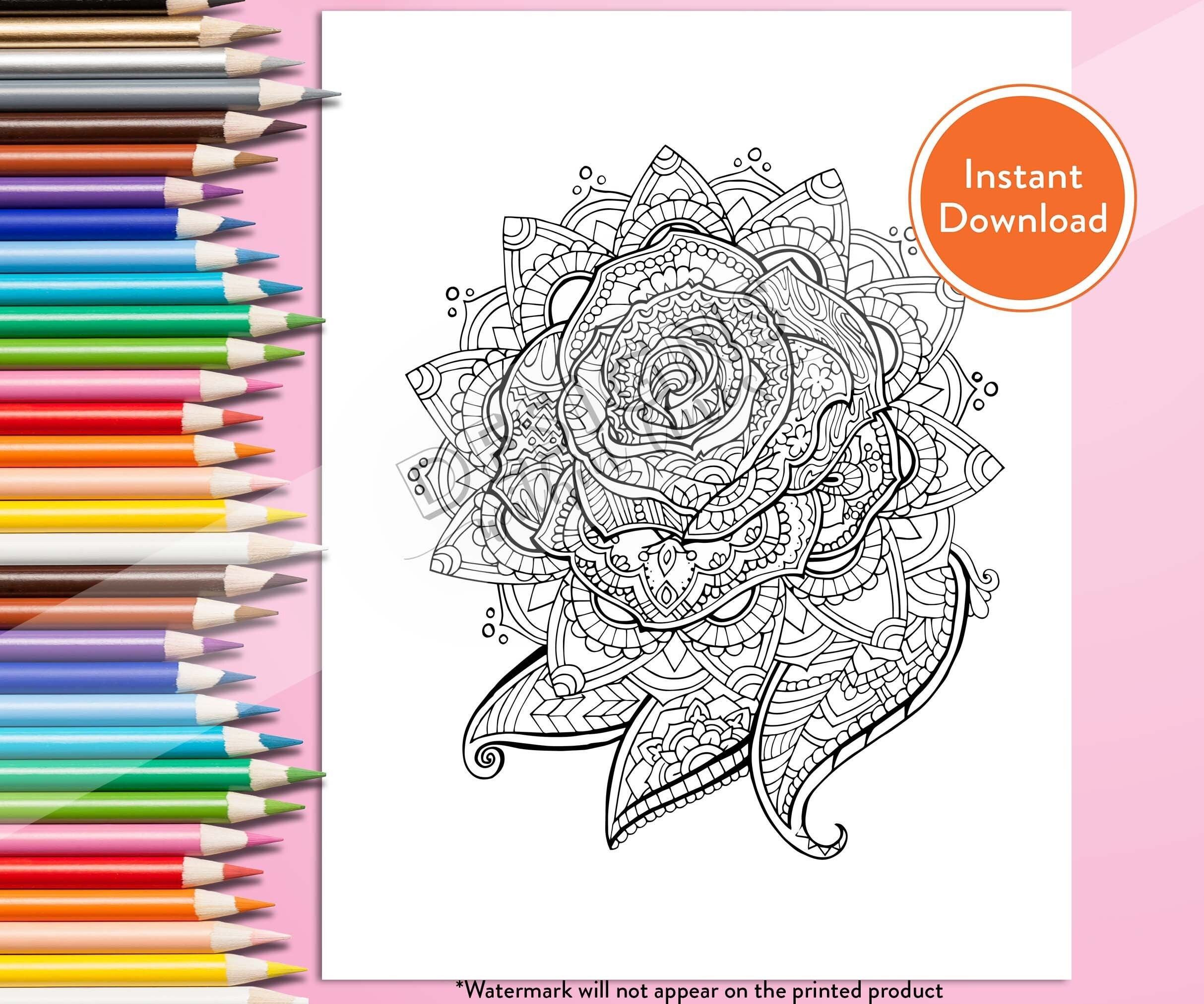 Printable Mandala Rose DIGITAL Coloring Page   INSTANT DOWNLOAD