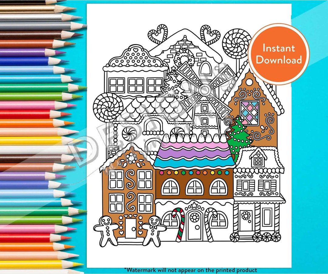 Christmas Gingerbread Village Digital Coloring Page INSTANT