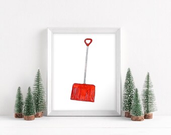 Red Shovel Art Print- Snow, Shovel, winter, holiday, vintage, home décor