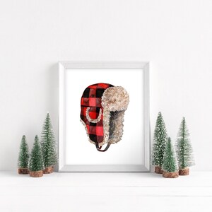 Plaid Cap Art Print- Cozy, warm, Buffalo Plaid, Lumberjack, fleece cap, flap cap, winter, holiday, vintage, home decor