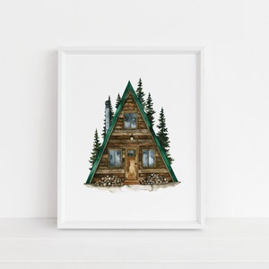 A-frame Cabin Watercolor Art Print, Rustic, Wall Decor, Cabin, Mountain Living