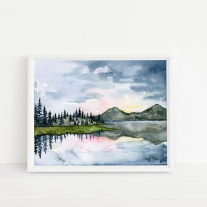 Pink Reflection Mountain Lake Watercolor Art Print- Pine Trees, Forest, Mountains, Wall Decor, PNW, Rustic, Sunset, Sunrise