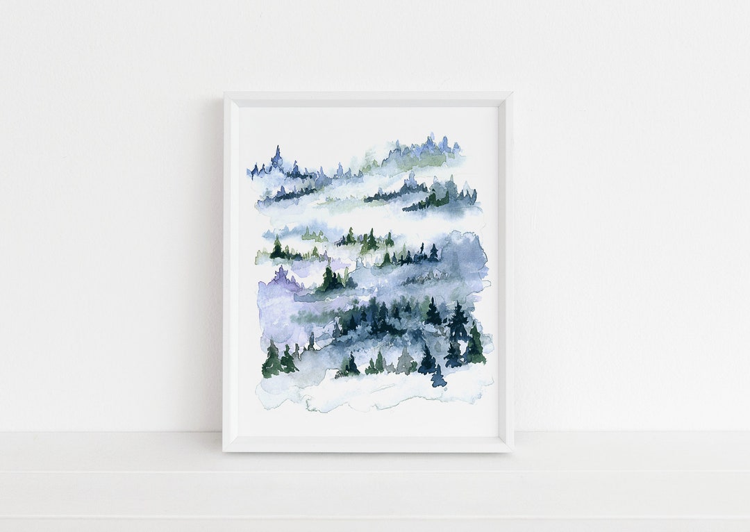 Misty Pine Trees Watercolor Art Print Pine Tree, Misty Forest, Forest ...