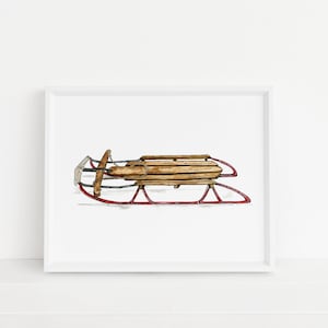 Vintage Sled Watercolor Art Print, Vintage, snow, winter, Flexible Flyer, Rustic, Wall Decor