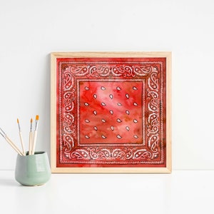 Bandana Watercolor Art Print- Red, Scarf, Bandana, Western, Paisley, Kerchief