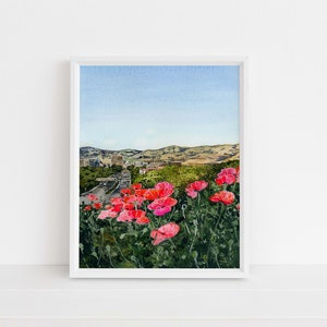 Pop of Boise Idaho Art Print, Boise, Watercolor, Idaho, Poppies, flowers, skyline, Boise foothills