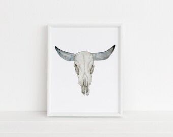 Cow Skull Watercolor Art Print, Wall Decor, Home Decor, Boho Skull, Southwestern, Home Decor, Wall Decor