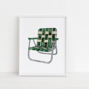 Vintage Camp Chair Watercolor Art Print - Camping, Vintage, Cabin, Summer, Wall Decor, Home Decor, Lawn Chair, Folding Chair