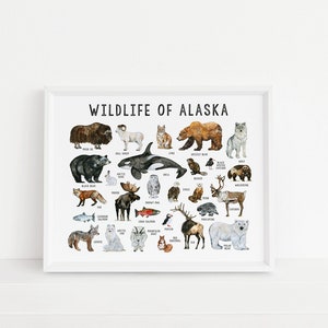 Wildlife of Alaska Art Print, Alaska, Collage, Wildlife, Animals, Tundra, Rustic, Modern, Wall Decor