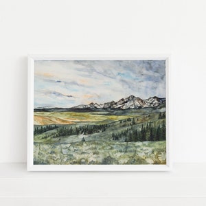 Sawtooth Mountains Sunrise Watercolor Art Print, Sawtooth Mountains, Idaho, Stanley