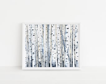 Aspen Trees Watercolor Art Print- Aspen, Forest, Wall Decor, PNW, Rustic, tree trunk, mountain