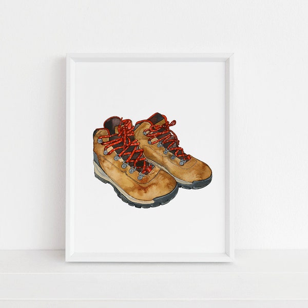 Hiking Boots Watercolor Art Print - Camping, Hiking, Summer, Wall Decor, Home Decor