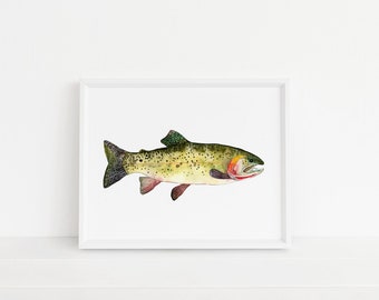 Puede incluir: Una pintura de acuarela de una trucha con escamas verdes, marrones y amarillas. El pez nada hacia la derecha y tiene una boca roja y naranja.