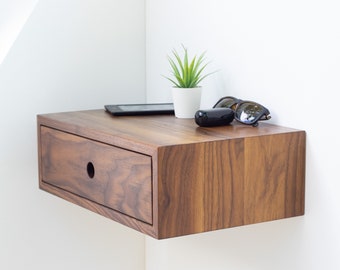 Floating Nightstand with Drawer in Black Walnut / Modern Bedside Table / Hole Cutout Pulls