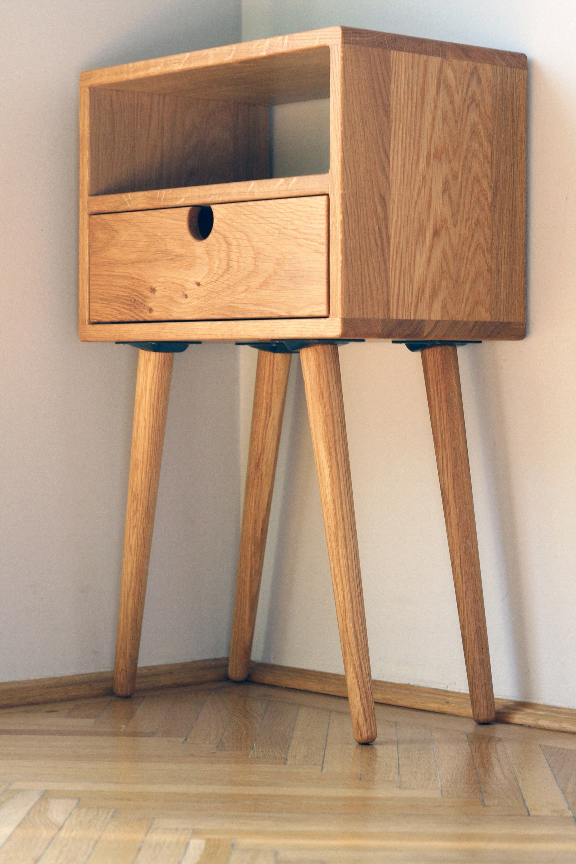 Mid century oak bedside table deals